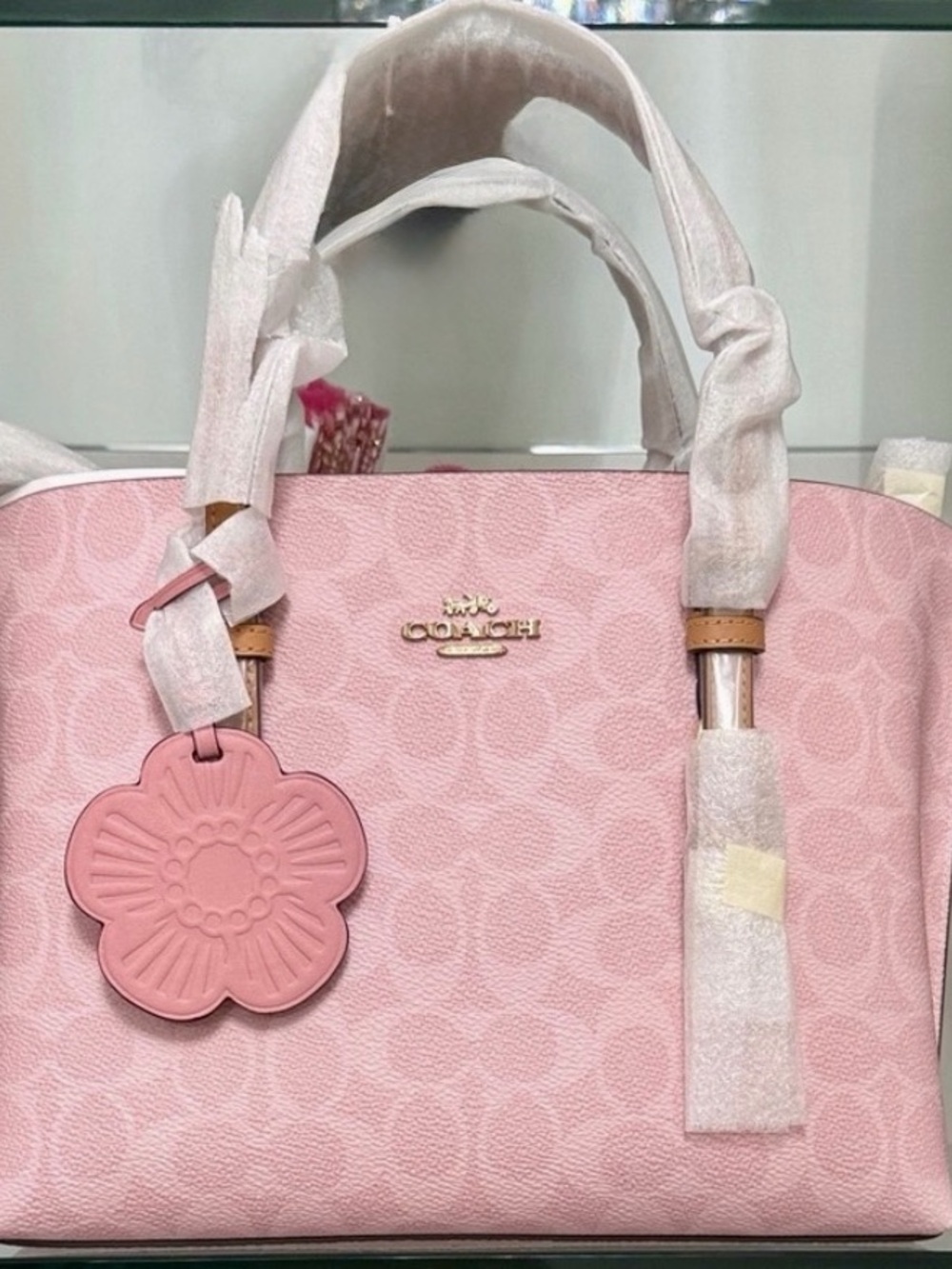 Coach Pink Signature MollieTote with Floral Leather Charm 25in NWT